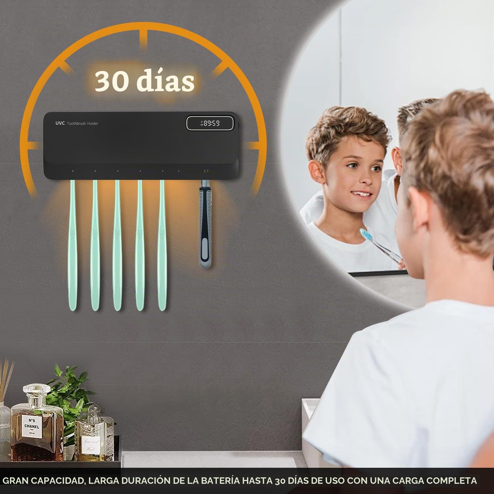Porta Cepillo de Dientes con Esterilizador UV & con 7 Ranuras para Dispensador Pasta de Dientes, USB Recargable 2000mAh, Soporte Cepillo de Dientes Eléctrico UV para Casa, Baño, Ducha (Negro)