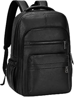 Mens Leather 16.1 inch Laptop Bag Travel Casual Computer Backpack College Business Work Shoulder Bags Waterproof (Matte-black)