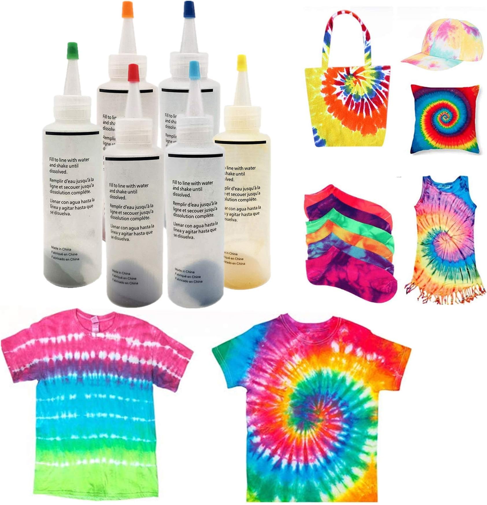 One-Step Tie-Dye Kits, 6/8 Colors Fabric Tie Dye Kit, Easy DIY Tie-Dye Kit, Rainbow T-Shirt Shoes Colour Paints Safe Dyes, Fun Party & Craft Supplies for Adult Kids (6 Colors)