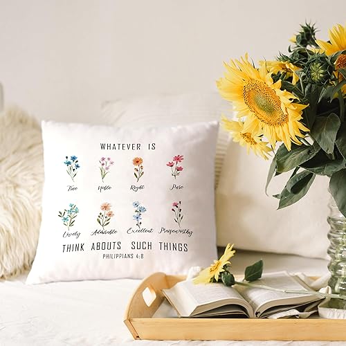 Miniatura 2 de Funda de almohada cristiana con texto bíblico filipenses 48 Whatever is True en acuarela primavera verano con flores para sofá, cama, 18 x 18