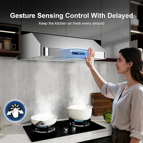 Miniatura 9 de Campana extractora debajo del gabinete de 30 pulgadas, campana de cocina de acero inoxidable de 900 CFM con gestos y control remoto, ventilador de 3
