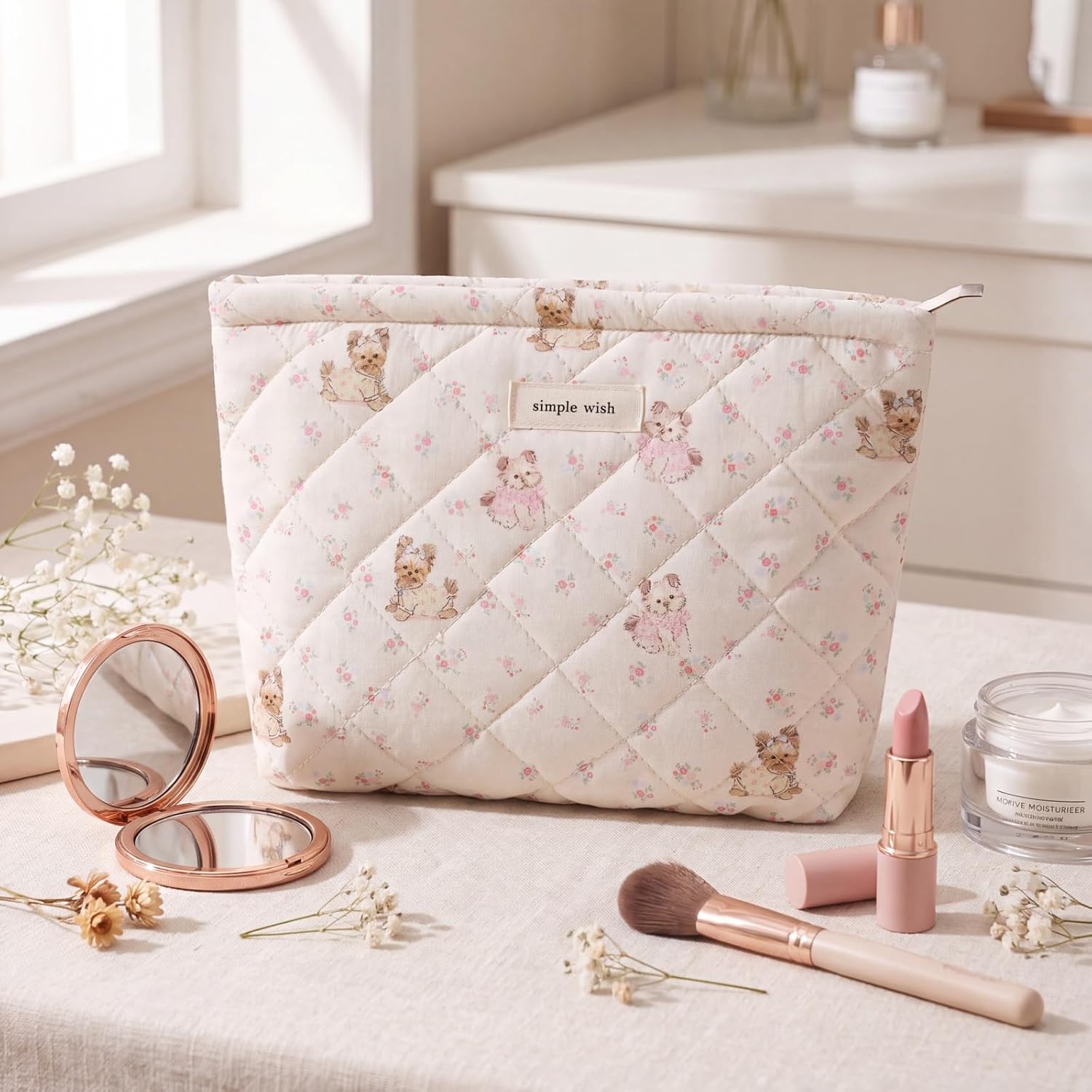 RSRSLEII Quilted Cotton Travel Makeup Bag, Cute Animal Cosmetic Bag, Cotton Aesthetic Makeup Bag, Large Capacity Travel Toiletry Bag for Women and Girls (08Flower&Dog) image 4