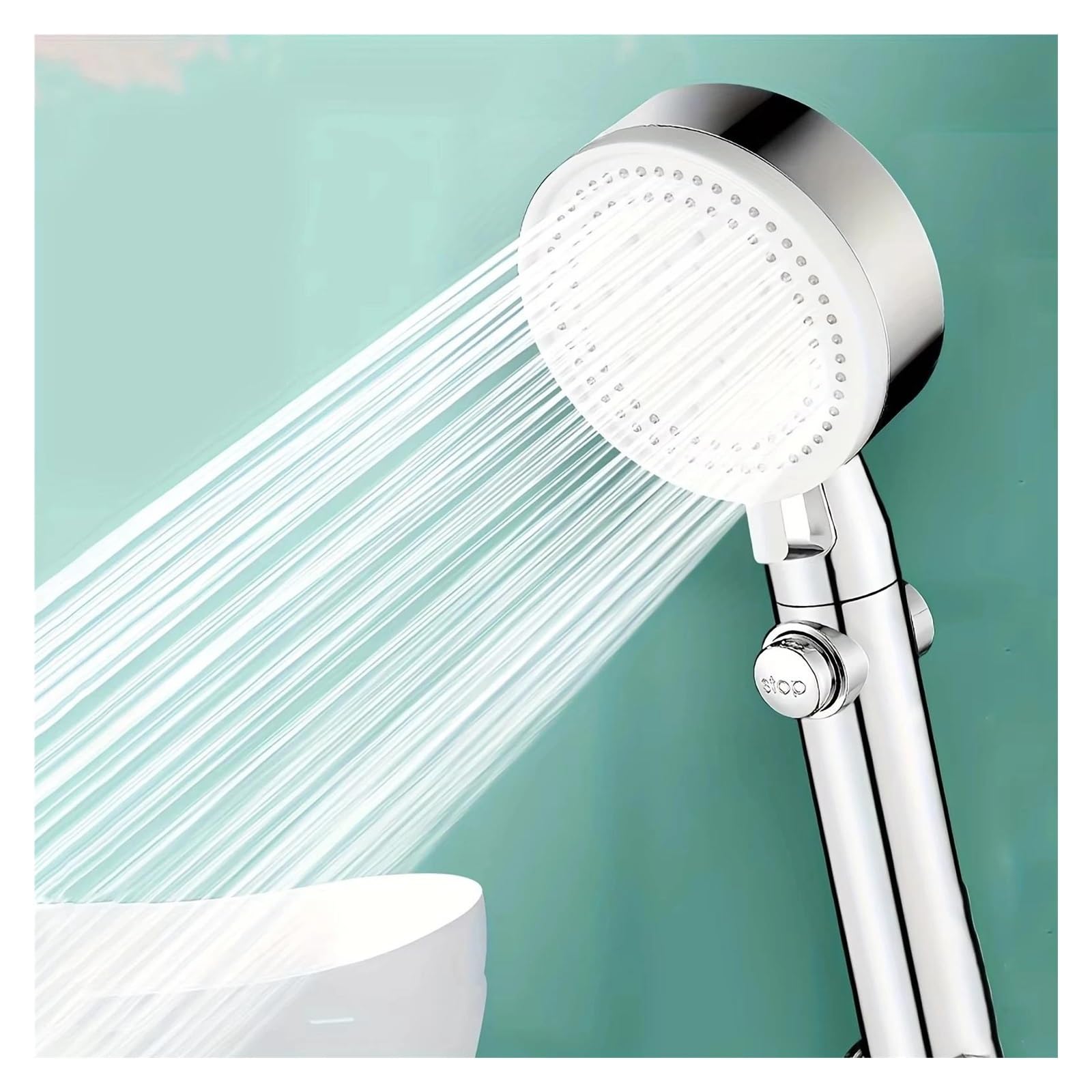 Cabezal de Ducha de Alta presión con 5 configuraciones Ajustables, Interruptor de Parada para Ahorro de Agua, Manguera Flexible y Soporte - Juego de baño Cromado de 3 Piezas para u