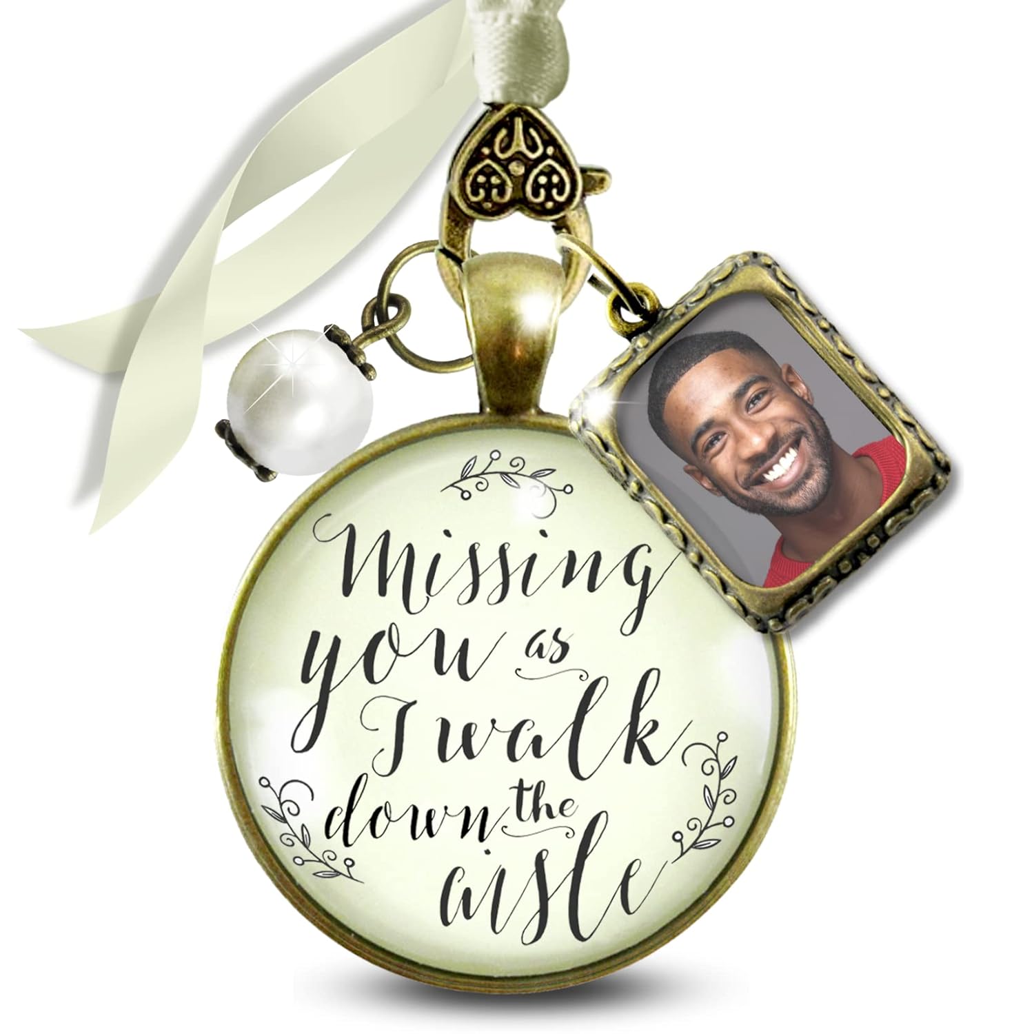 Memory Wedding Bouquet Charm Customize Missing You As I Walk Down Aisle Jewelry for Bride in Remembrance Vintage Bronze Glass Pendant Photo Picture Frame Ties to Flowers DIY Template