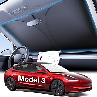 2025 Upgraded Accessories Tesla Model 3 Windshield Sunshade [OEM Design, 100% Sun Blockage] Foldable Heat Insulation Sun Shade with Storage Bag, for Tesla Model 3 2016~2026, Silver Coating