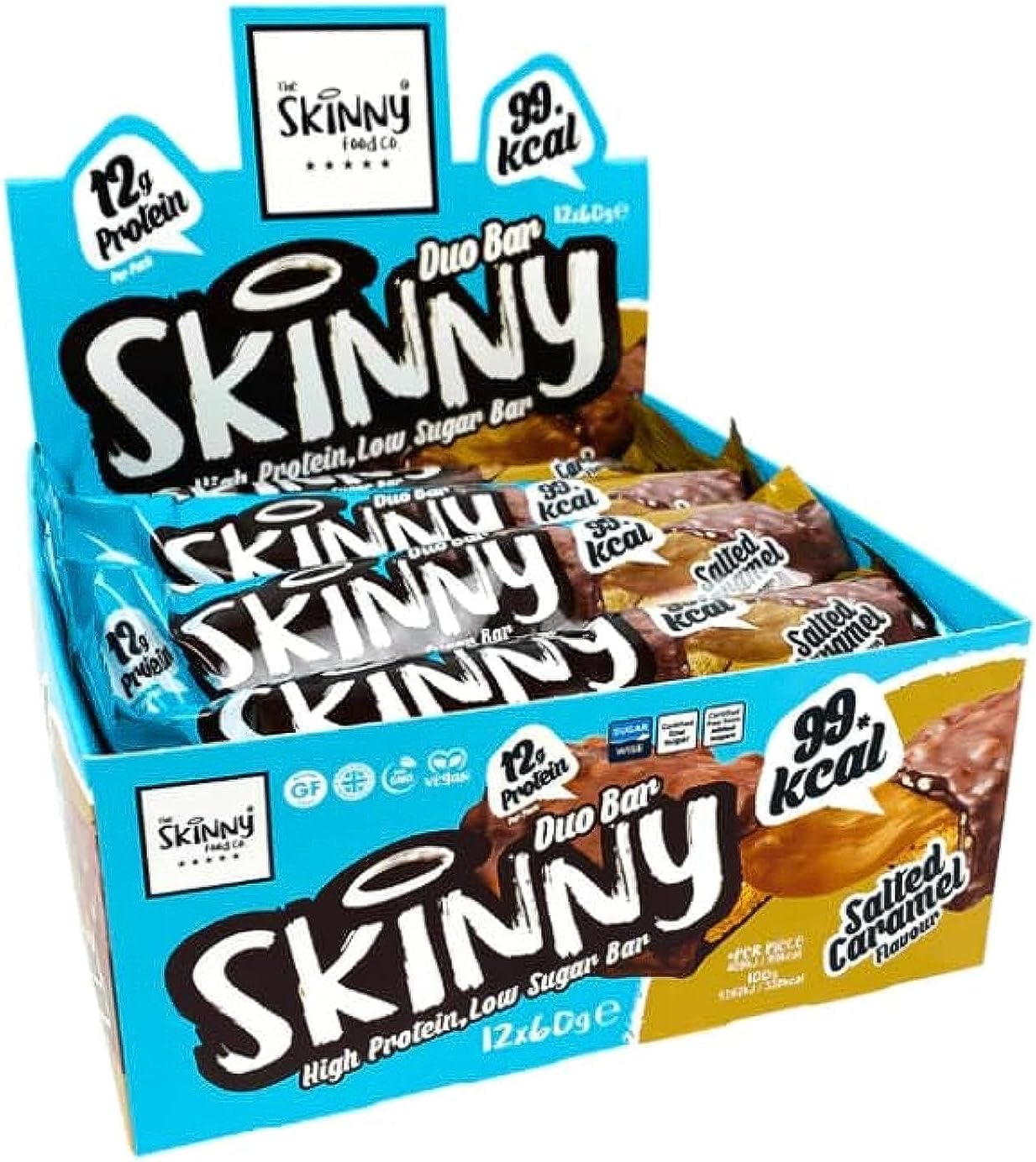 The Skinny Food Co12 gm High Protein bar,Vegetarian & Vegan Friendly, Gluten Free & Coeliac Friendly Low Sugar protein chocolate Bar pack of 12 x 60 gm (SALTED CARAMEL)