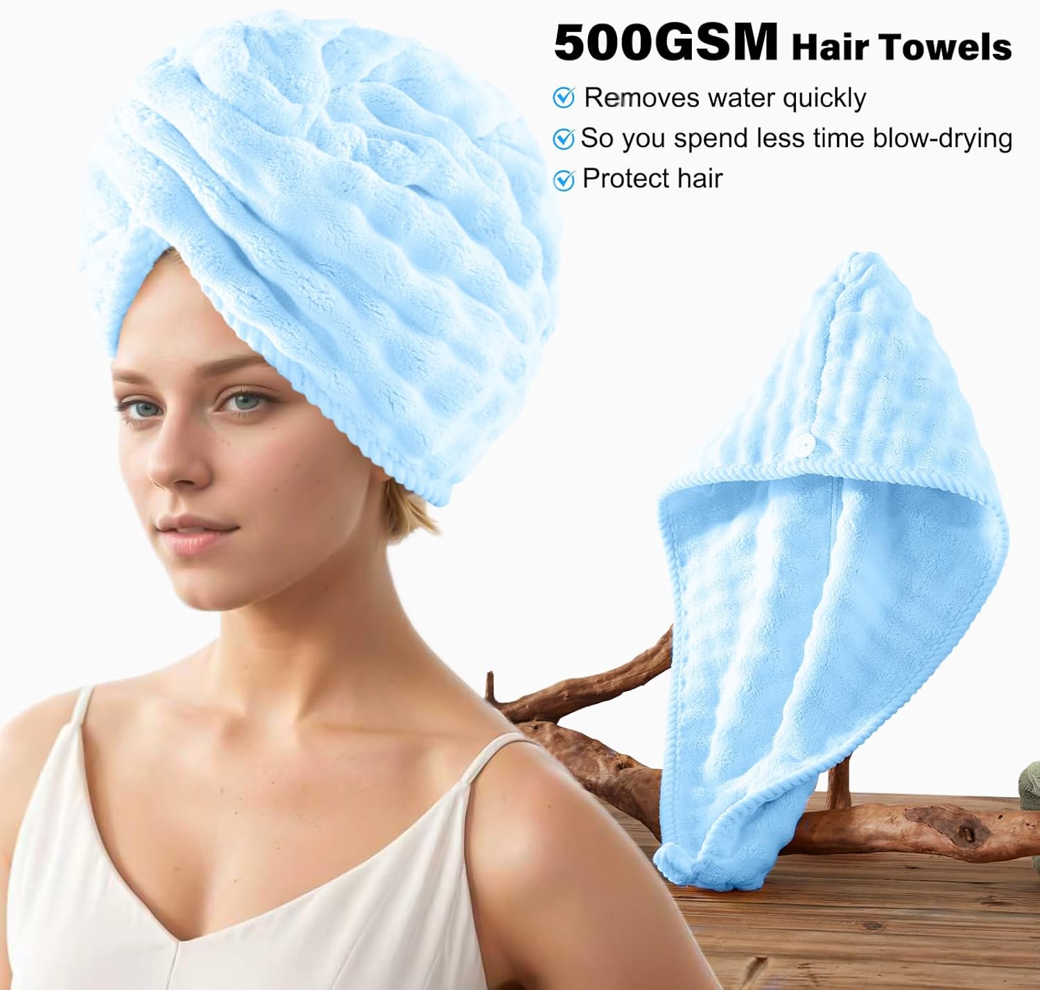 COZYART Lint Free Towel Sets 8 Pcs Light Blue, Super Soft, Thick, Absorbent & Quick Dry Microfiber Bubble Waffle Bathroom Daily Use Set with 2 Bath Towels, 2 Hair Towels, 2 Hand Towels, 2 Washcloths - Image 3