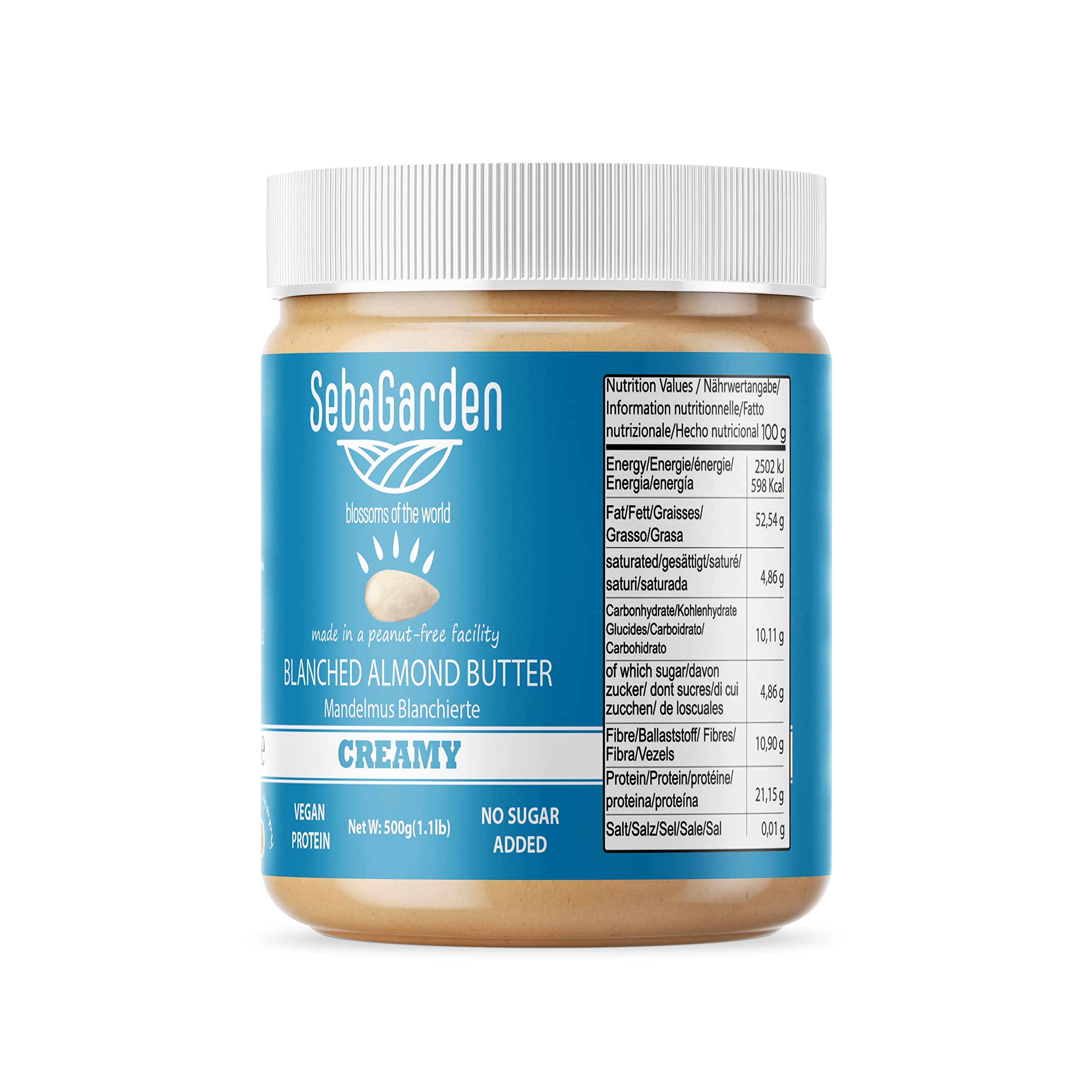 Seba Garden Mantequilla de almendras blanqueada 500 g sin sal sin azúcar vegana paleo