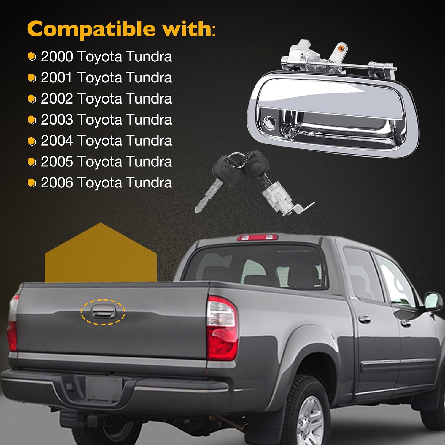 Gledewen Tailgate Handle Liftgate Latch Chrome Handle with Lock Cylinder and Keys, Compatible with 2000-2006 Toyota Tundra, Replaces# TO1915111 69090-0C010 69090-0C030-C0