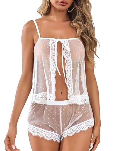 Kolagri Sexy Women Lace Pajamas Lingerie Set High Waist Sheer Sleepwear Bow Ties Cami Shorts Set - White - Small