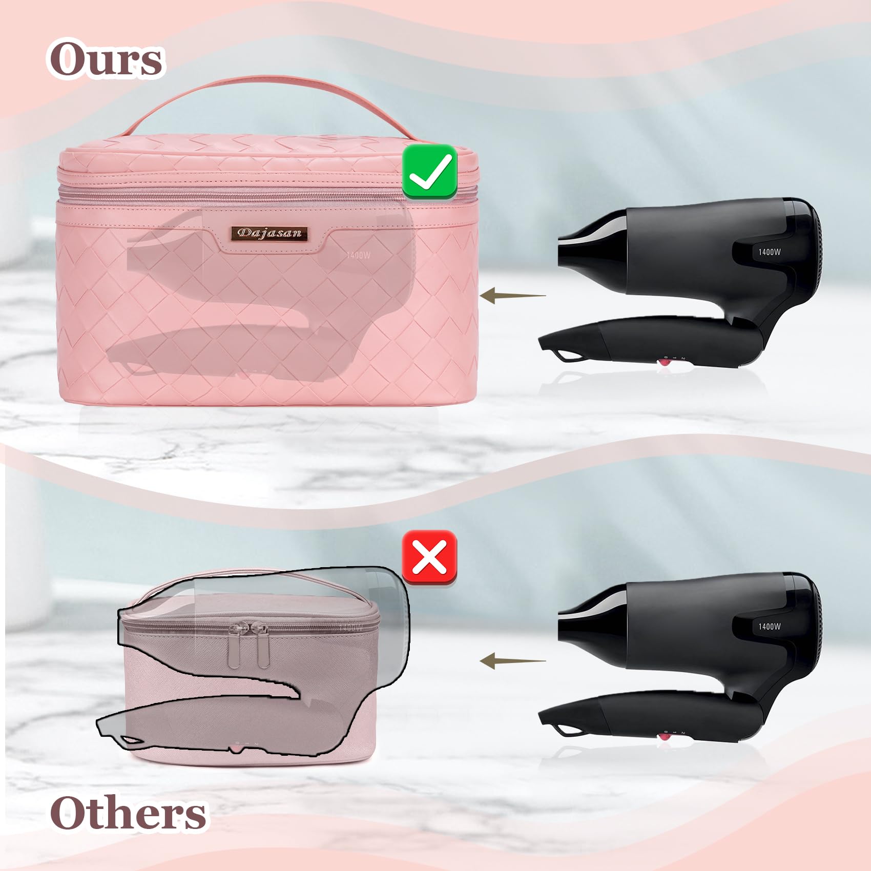 Dajasan Makeup Bag, Portable Travel Cosmetic Bag for Girls Women, Large Capacity Makeup Organizer Case, Travel Toiletry Bag, PU Leather Waterproof (Pink)