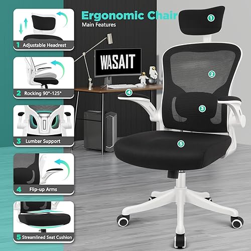 Miniatura 3 de Silla de malla con respaldo alto, altura ajustable y diseño ergonómico, silla de escritorio para computadora de oficina en casa, soporte lumbar