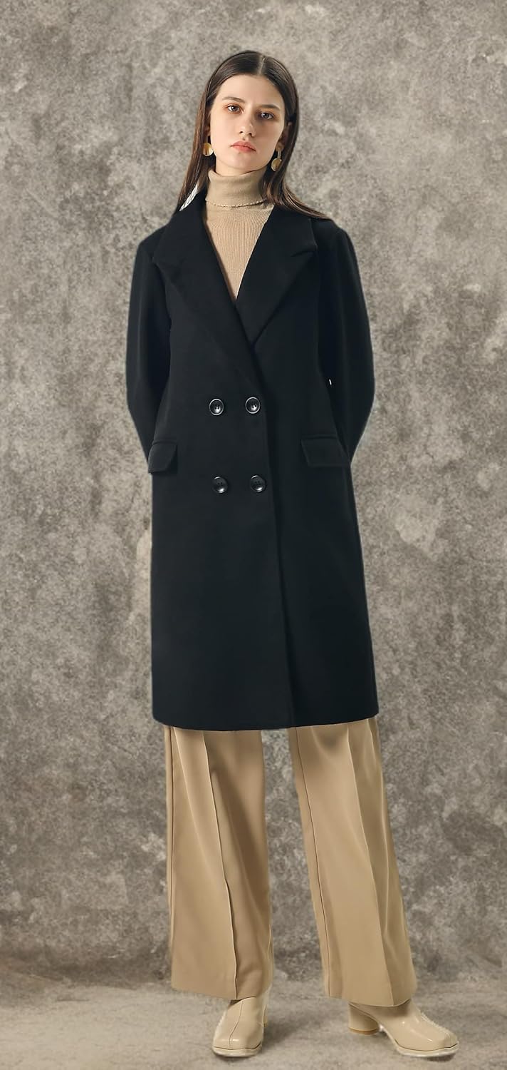 CHARTOU Women's Winter Oversize Lapel Collar Woolen Plaid Double Breasted Long Peacoat Jacket - Image 6