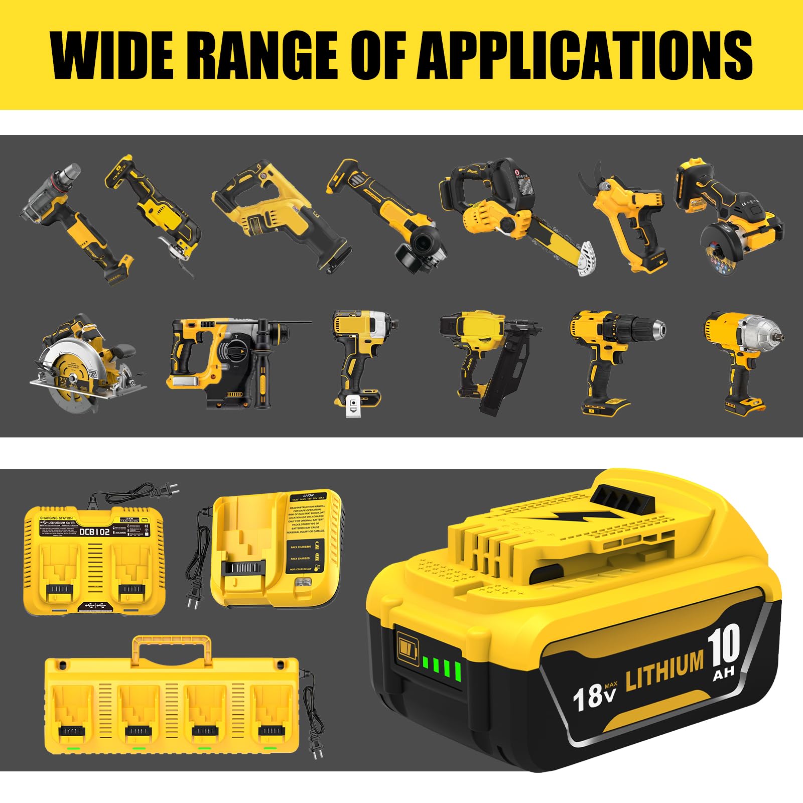 2X Batteries 18V 10.0Ah pour Dewalt DCB182 + Chargeur Double 4A DCB102