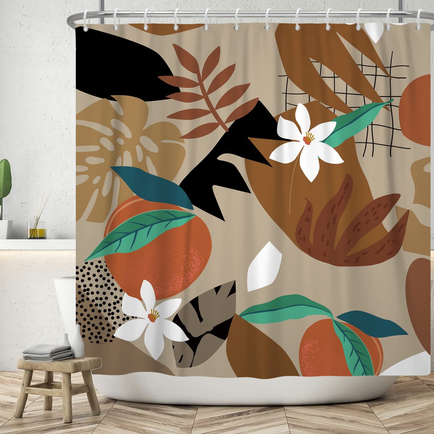 Ttincceer 183x198cm Retro Mid Century Shower Curtain Abstract Palm Leaf Monstera Flower Bathroom Curtain Watercolor Orange Tropical Plant Shower Curtains Waterproof Bathtub Curtain — image 1