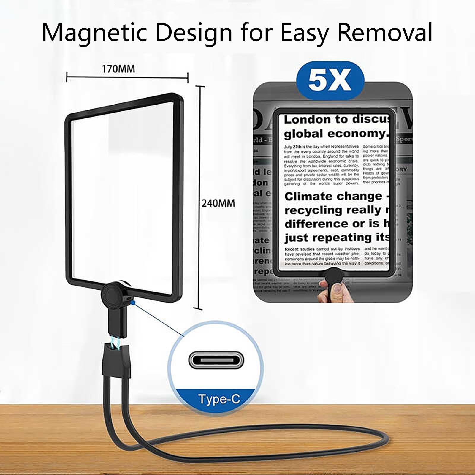 Lente di Lettura da Appendere al Collo con 50 Perle LED, Supporto Regolabile, Ausili per Ipovedenti, Lente d'Ingrandimento Digitale per La Lettura, Ingrandimento 5X