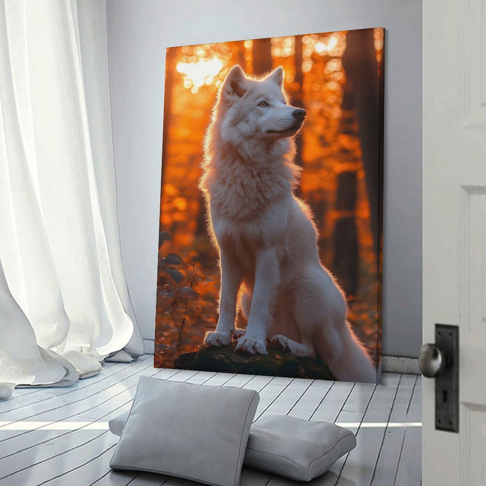 Junmoney White Wolf in Autumn Forest Room Decor Wall Art, 08x12inch(20x30cm), for Office, Study Or Home Workspace, A Smart Decor Choice for Study Walls