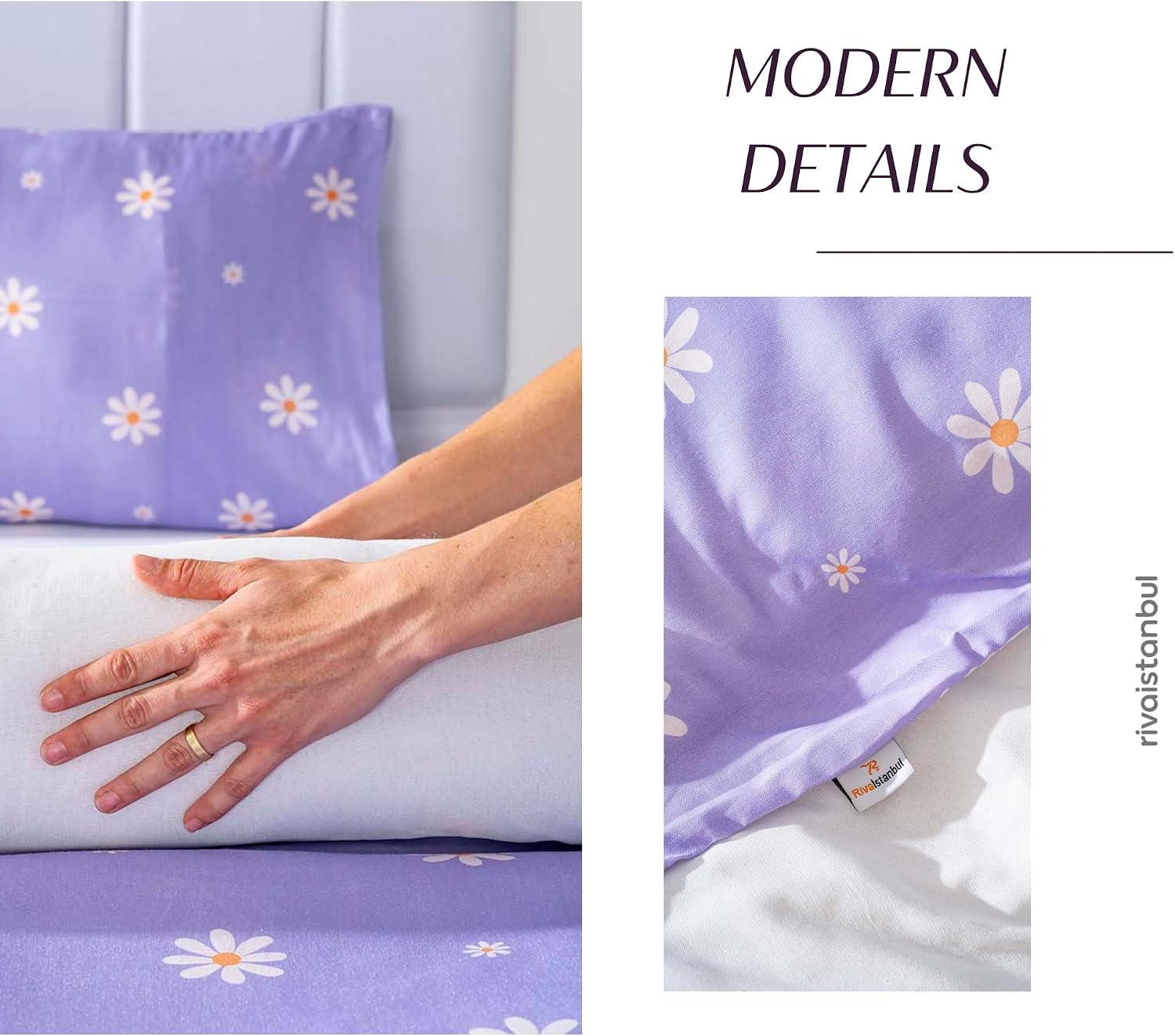 Cotton Duvet Cover Set for Full, Queen & King Beds | 3 Piece Bedding Set with Duvet Cover and Pillowcases, Soft Breathable Bed Linen for Adults & Couples (Purple Daisy, 63.0 × 84.6 inch)