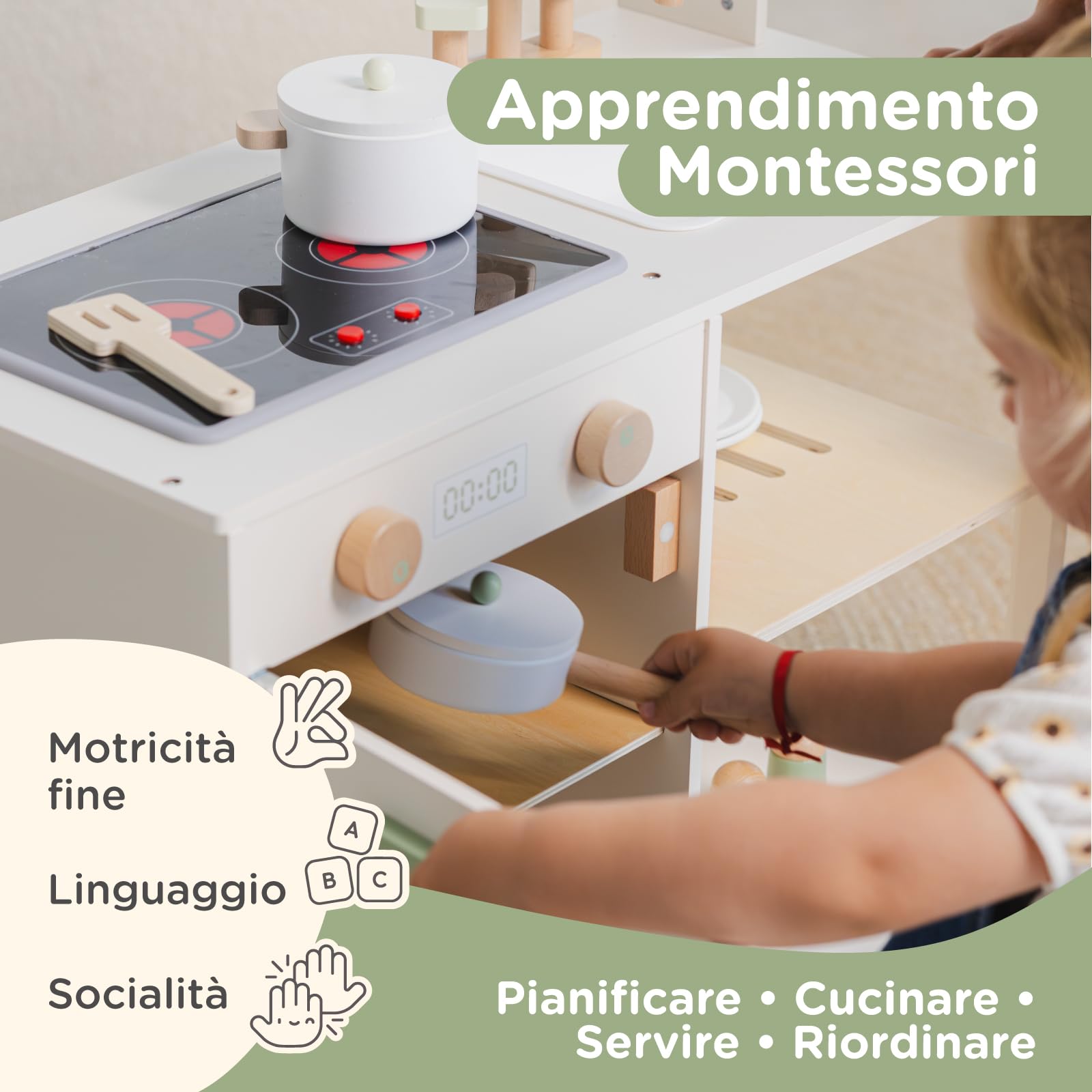 Nene Toys Cucina Giocattolo per Bambini – Cucina in Legno per Bambini con Luci e Suoni, Microonde e Forno, Ripiani e Ganci + Accessori – Gioco Montessori dai 3 Anni – Idea Regalo Bambina e Bambino