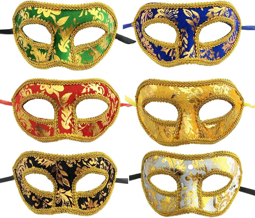 YGSAT 6 Pcs Masquerade Ball Masks for Women and Men,6 Colors Gold Shining Plated Masquerade Mask Wedding Props Mardi Gras Party Costume Accessory