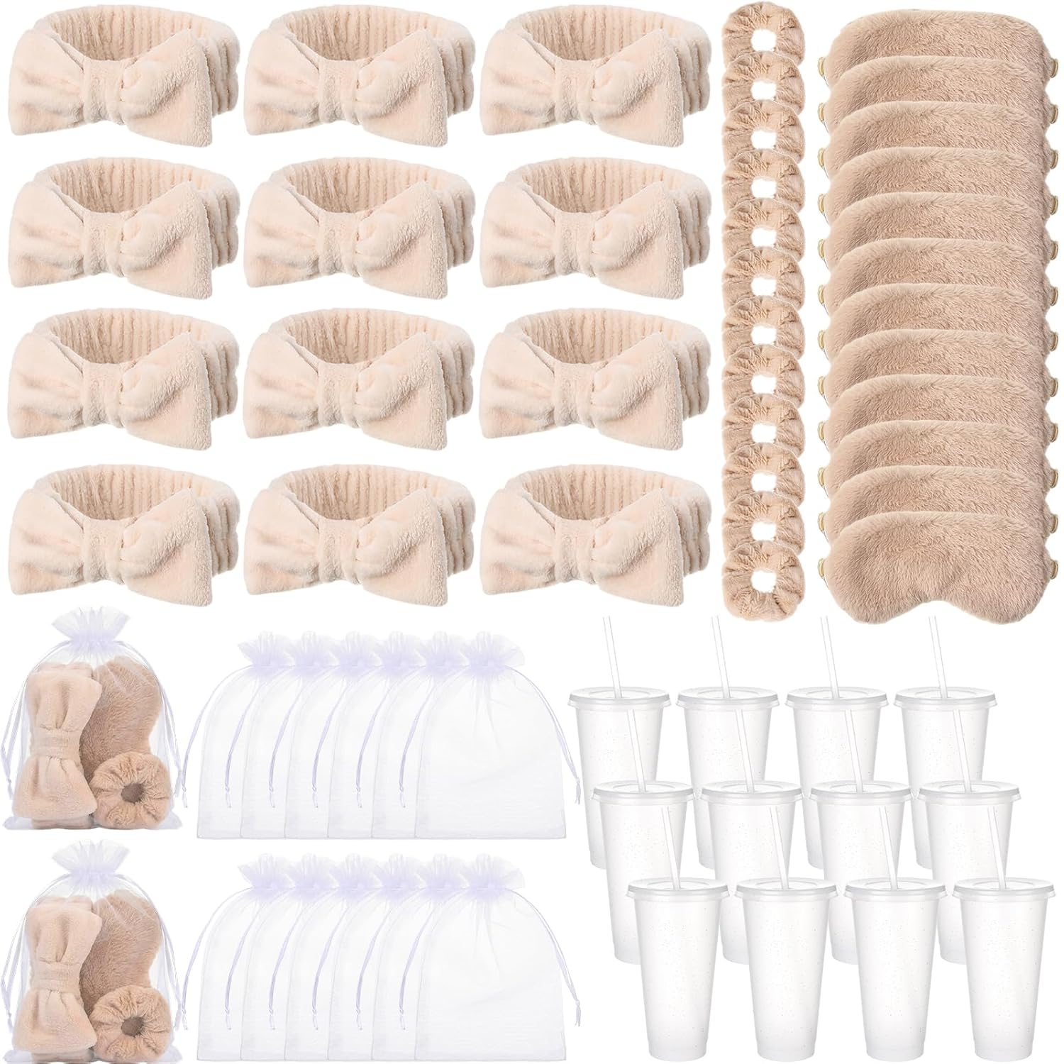 60 Pcs Spa Party Supplies Bulk Include 12 Bow Hairbands 12 Sleep Eye Mask 12 Hair Scrunchies 12 Glitter Cups 12 Organza Bag for Women Sleepover Slumber Spa Party Favor(Beige)
