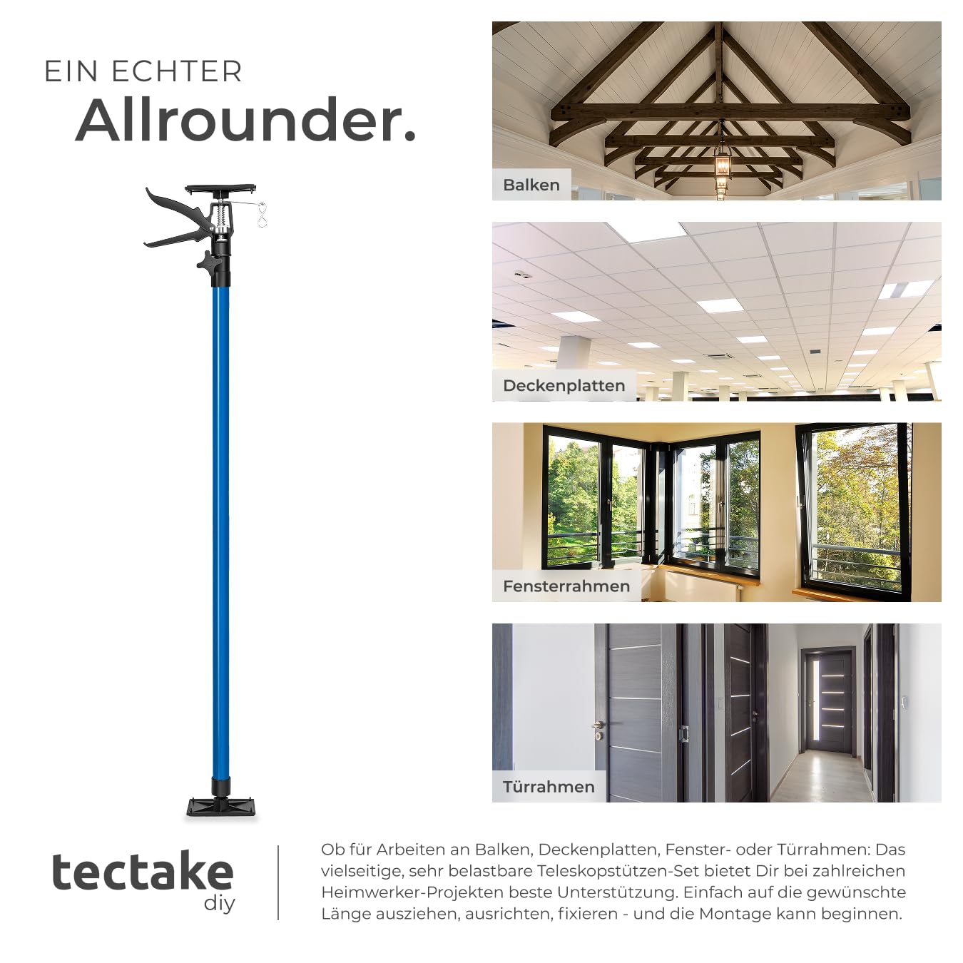 tectake® Baustützen Teleskop Stange 115-290 cm, Baustütze mit Auflageplatten mit Kugelgelenk, Montagestütze je 30 kg Tragkraft, Spannstange, Montagehilfe für Deckenverkleidung - blau, 4er Set