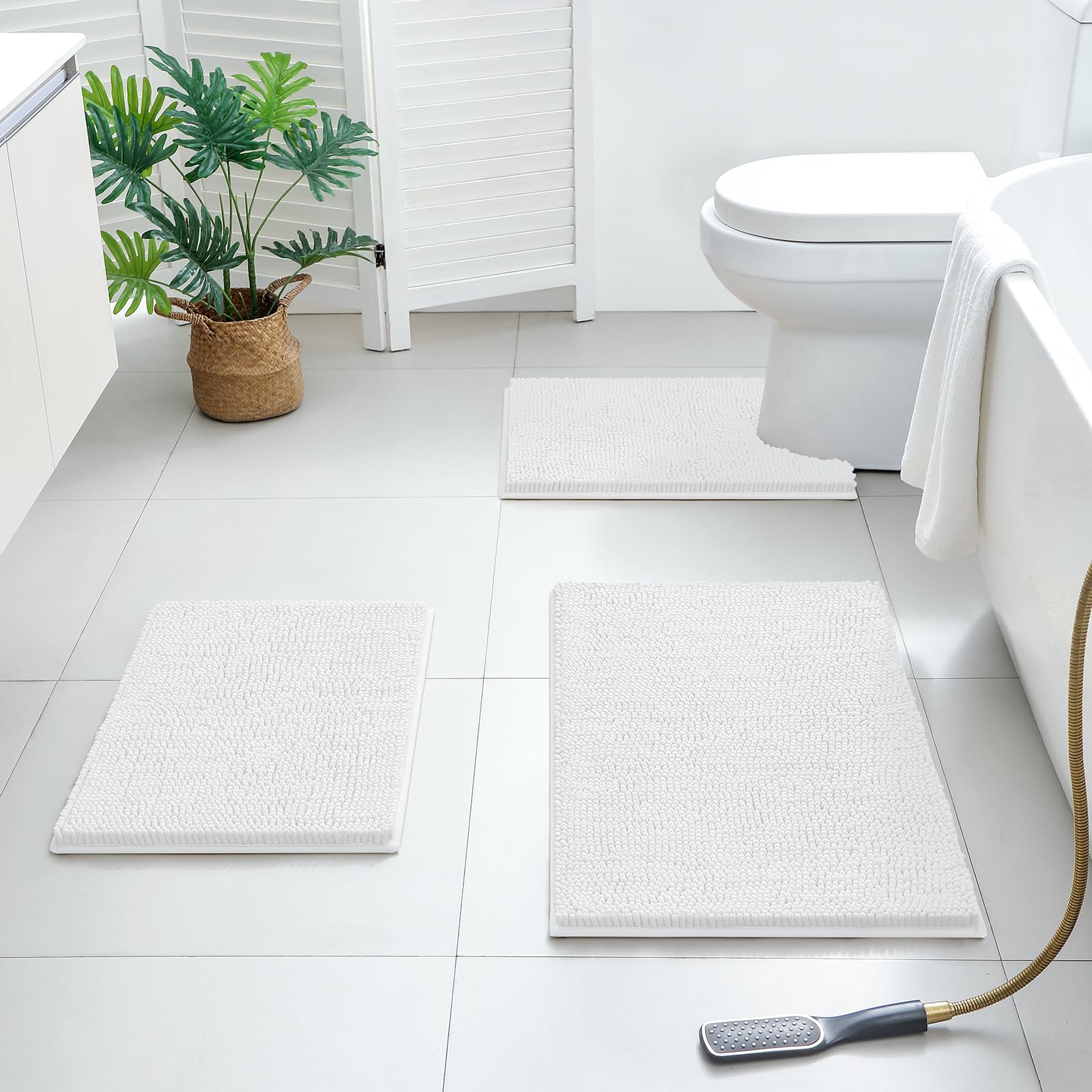 BYSURE Juego de alfombras de baño blancas de 3 piezas, antideslizantes, extra absorbentes, de felpilla, juego de alfombras de baño suaves y secos, para alfombras de baño lavables