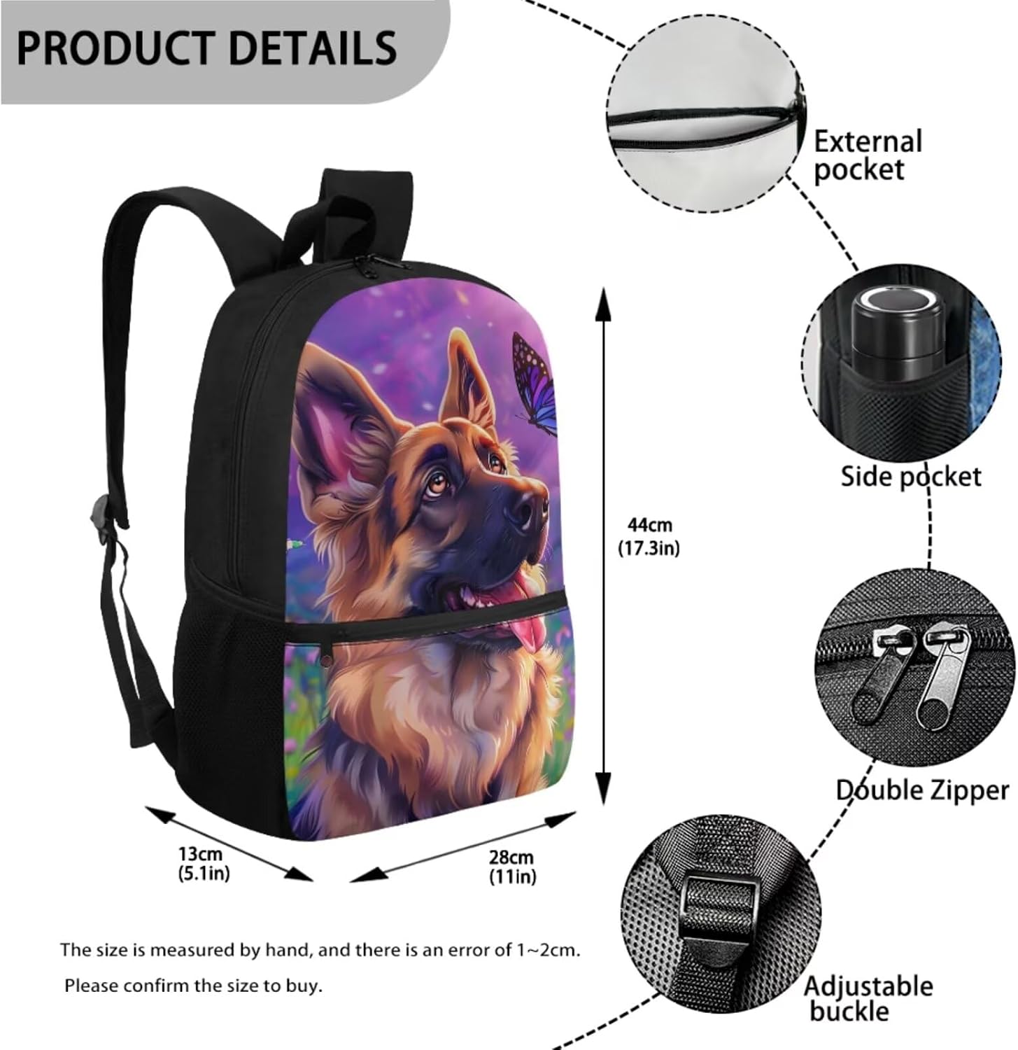 German Shepherd Backpack with Lunch Box Kids Girls Age 8-10/10-12/12-14 Dog Bookbag for School Elementary Book Bags Lunchbox Butterfly Student Schoolbag Lunchbag Pencil Case