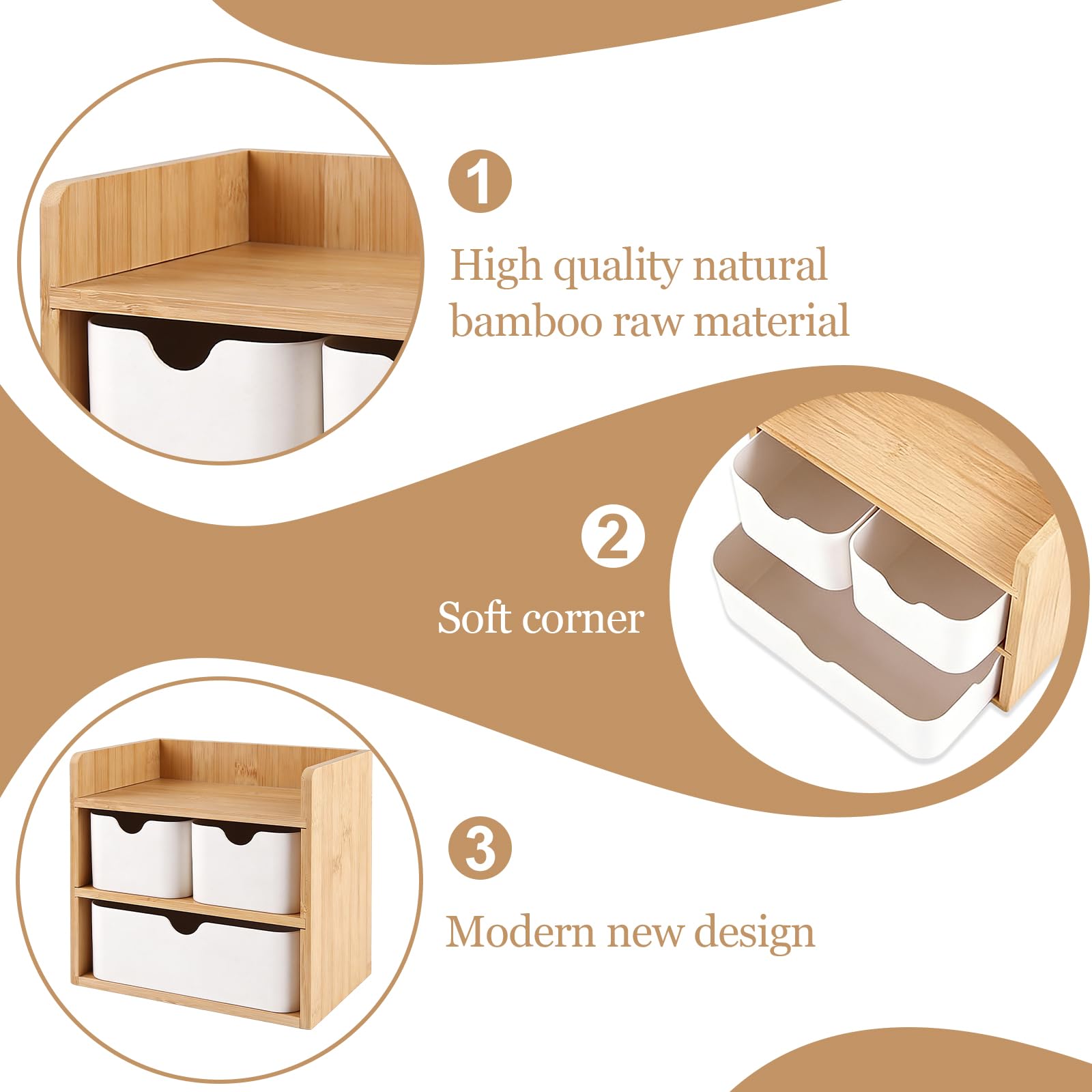 Make-Up Organizer Holz mit 3 Schubladen: 20 x 14 x 19 cm Bambus & MDF Holz Aufbewahrungsbox mit Schubladen, Mini Schubladenbox für Büro Zuhause Schule (Weiß/Natur)
