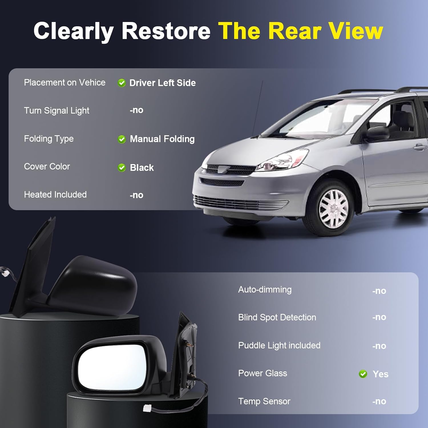 Driver Side Power Door Mirror Compatible with Toyota Sienna 2004 2005 2006 2007 2008 2009 2010, With Heated Manual Folding W/o Turn Signal Light Black 5 Pin