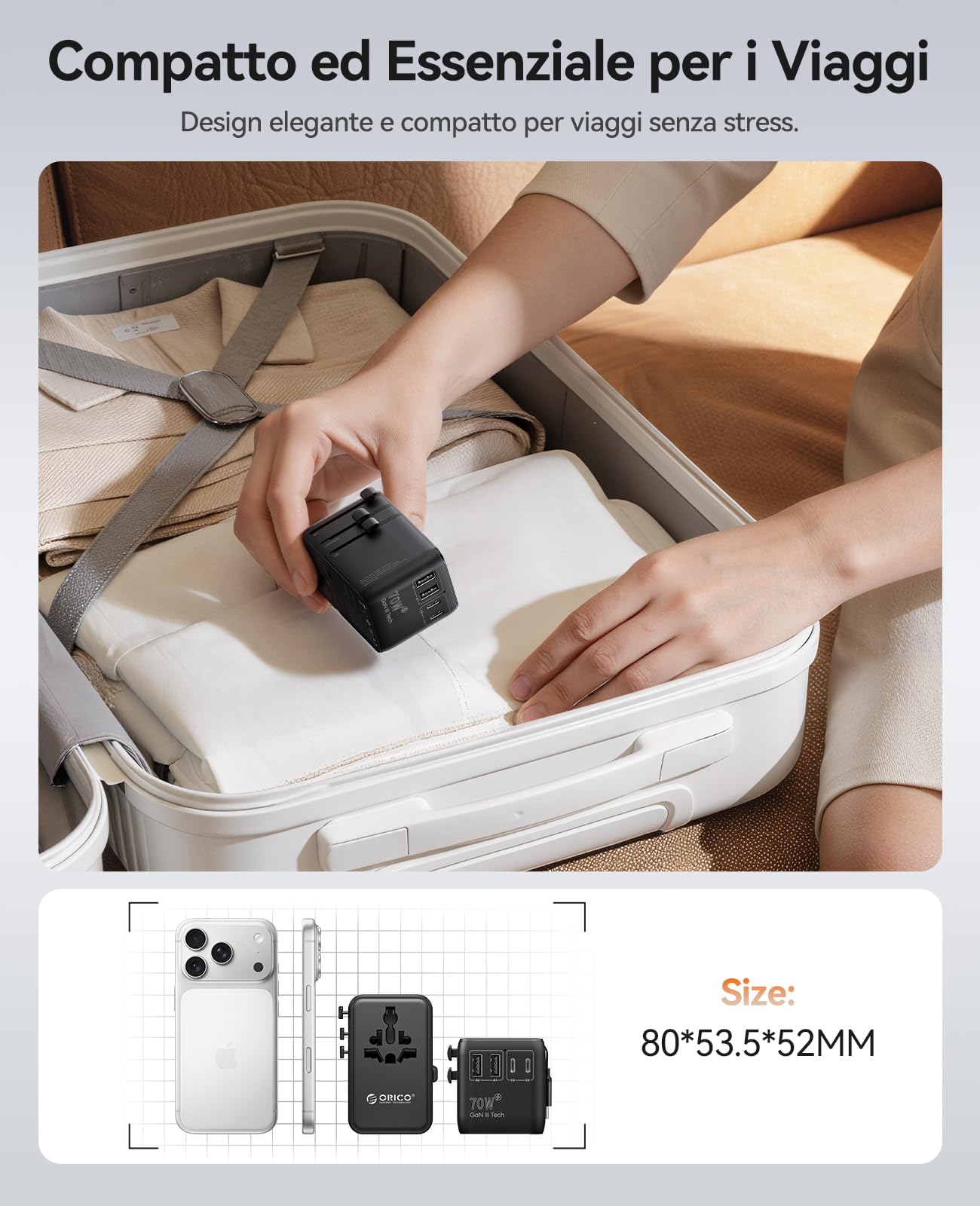 ORICO GaN 70W Adattatore Universale da Viaggio, 7-in-1 con 3 USB-C, 2 Prese AC e 2 USB-A, Adattatore Presa Internazionale per Oltre 200 Paesi tra cui UE, USA, UK, Australia, Giappone - UAX(Nero）