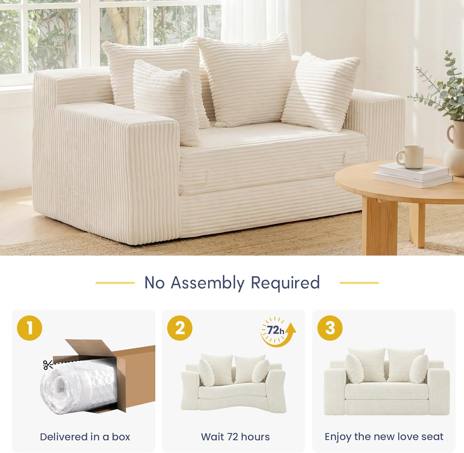 Convertible Sofa Bed, Boneless Couch 2 in 1 Loveseat Folding Couch Bed Foldable, Boneless Chair Bed & Futon Sleeper Sofa, Small Couch Corduroy Pull Out Sofa with 4 Pillows for Living Room, Beige | Breathable material, No Assembly, Convertible, 2 in 1, Pull Out Handle