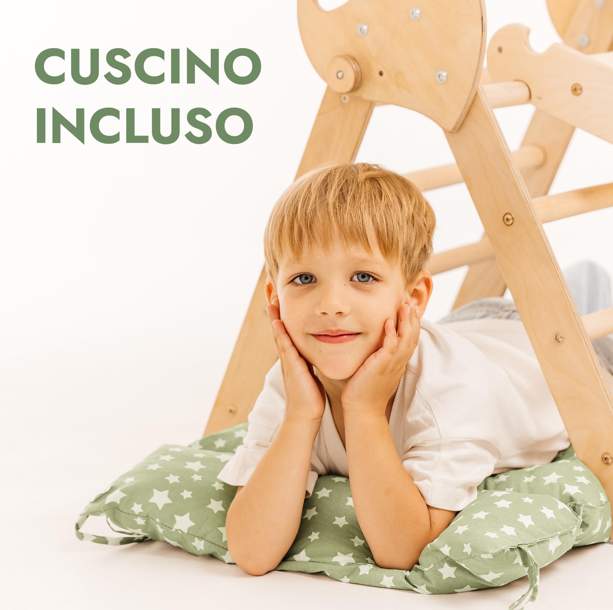 Goodevas Montessori 5 in 1 - Set da Arrampicata in Legno per Interni, con Cuscino Verde e Scivolo per Bambini, Parco Giochi da 1 a 3 Anni, Beige