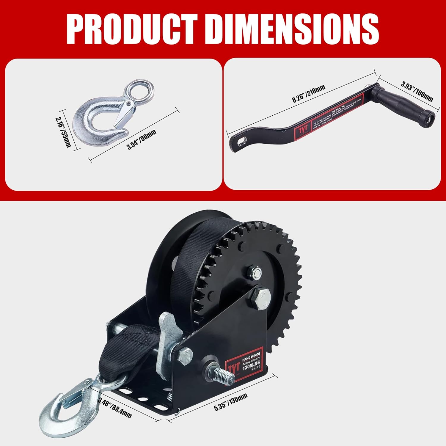 TYT 1200LB Boat Trailer Strap Winch with 8M Black Rope, Standard Mounting Hole Crank Hand Winch with Hook, Two Way Ratchet Manual Gear Winch for Towing Pulling Boat Trailer Truck RV ATV Jet Ski Winch