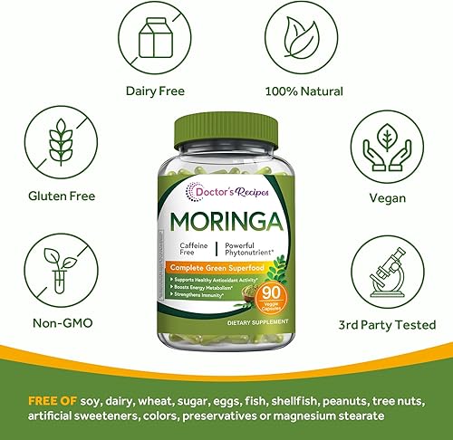 Miniatura 5 de Doctor's Recipes Moringa 11,000 mg de potencia, superalimento verde completo, apoyo natural antioxidante, sin OMG, 90 cápsulas veganas, sin cafeína
