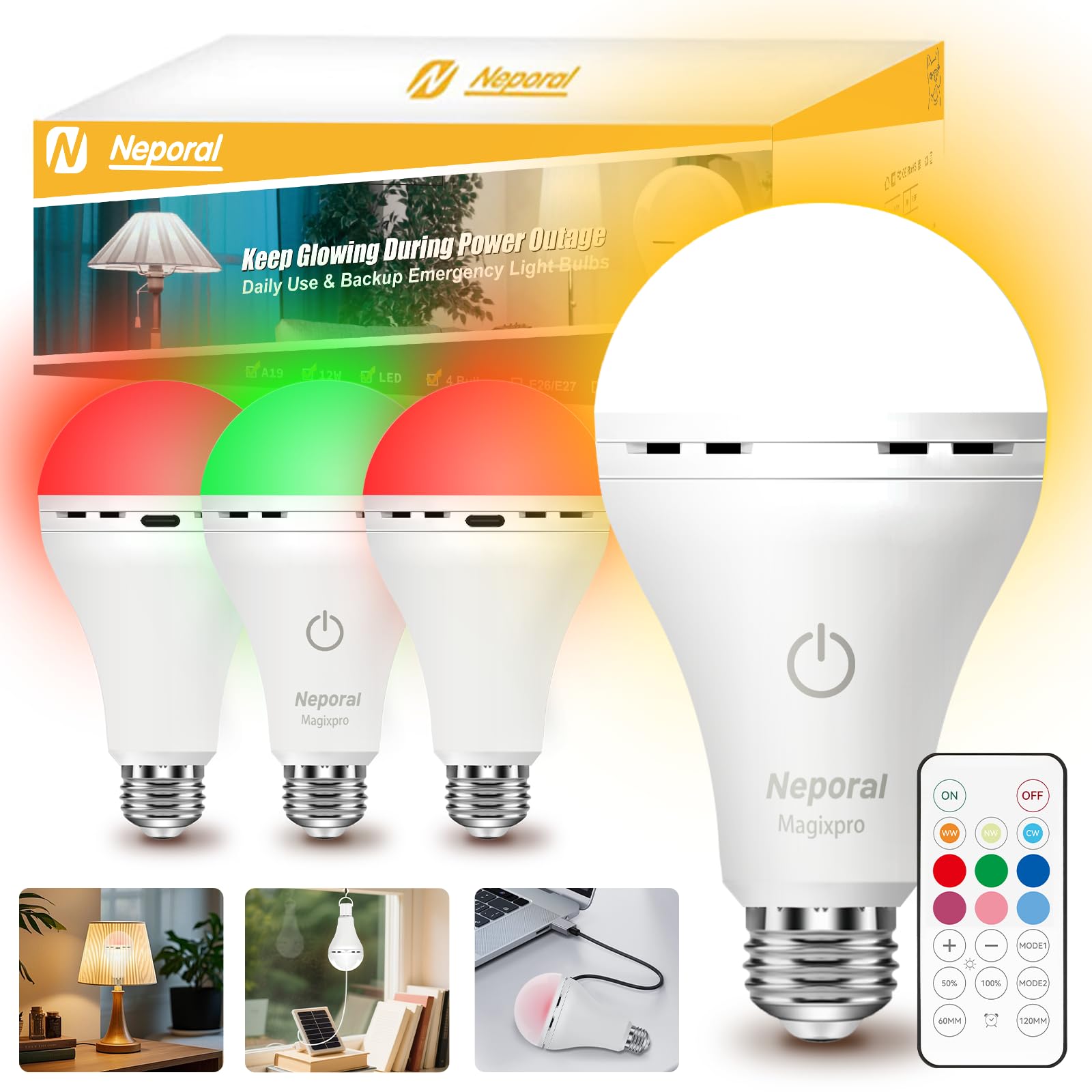 Neporal Rechargeable Light Bulbs, Back Up Battery Light Bulbs, 15W 80W Equivalent 5000K 1200mAh Battery Operated Light Bulb, Emergency Lights for Home