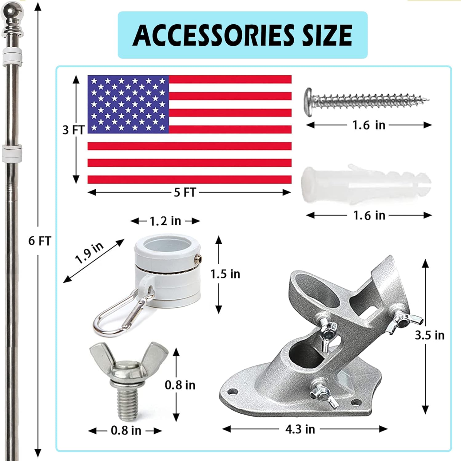AMOSSO 6FT House Flag Pole Kit, Extra Thick Tangle Free Spinning Metal Outdoor Flagpole with Built-in Ball Bearing Rings, Aluminum Bracket,3x5 American Flag, for Porch Residential & Commerical, Silver