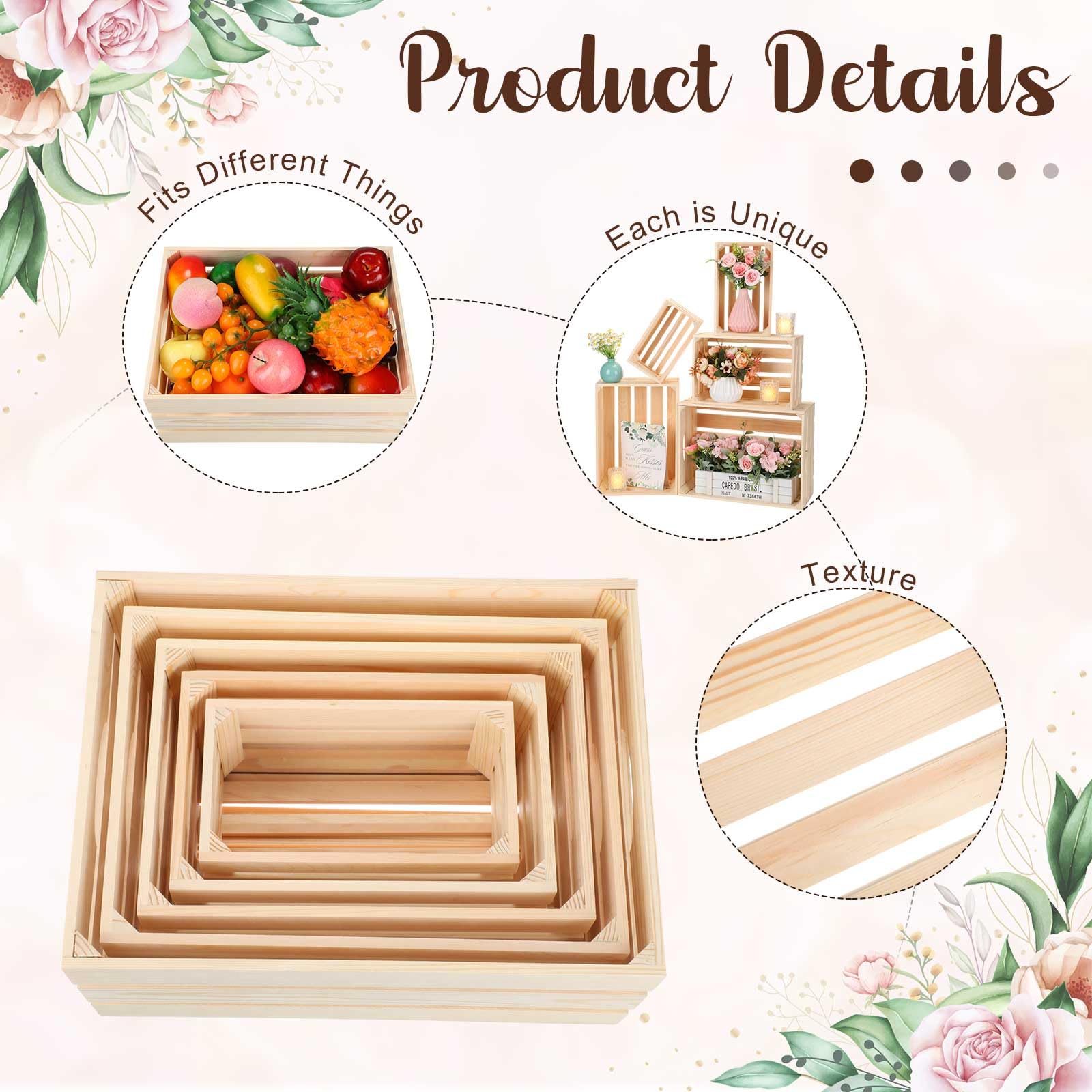 Soaoo 5 cajas decorativas de madera anidables para almacenamiento, 5 tamaños, grandes, pequeñas, de madera rústica, con asa, caja de madera de granja hecha de pino (color natural)