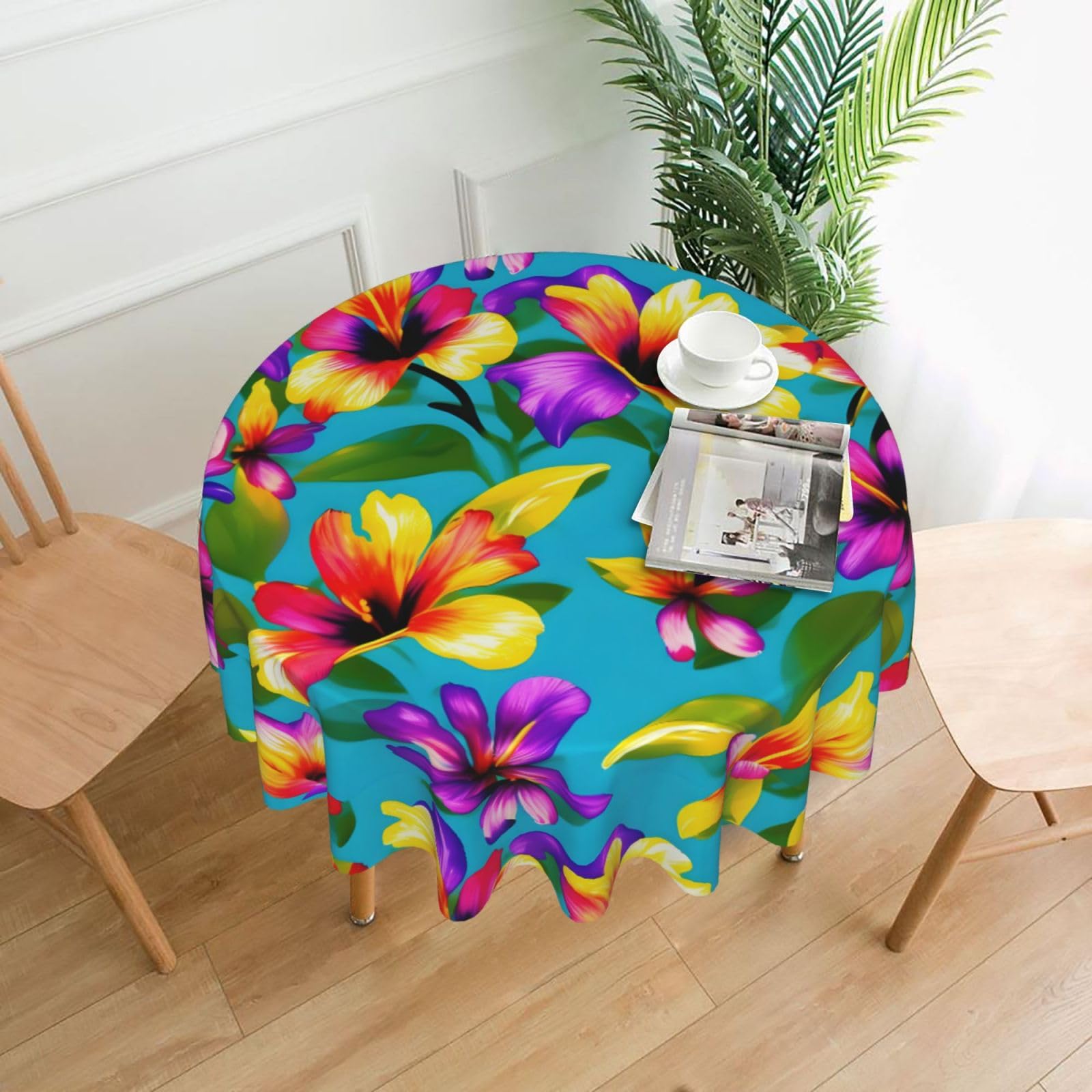 Nbtghga Hawaiian Colorful Flowers Print Tablecloth Round Border Table Cloth Cover Decorative For Party Holiday Dinning Tabletop Home