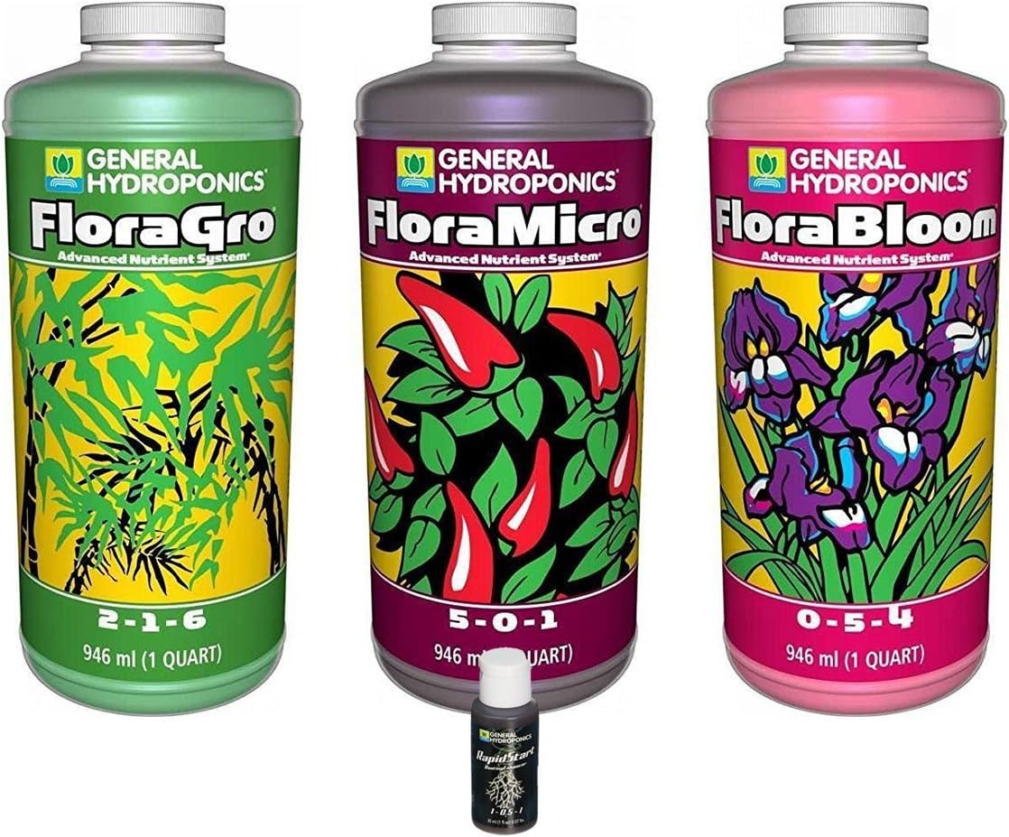 General Hydroponics FloraGro, FloraBloom, FloraMicro Combo Fertilizer Set + 1oz Rapidstart (Quarts)