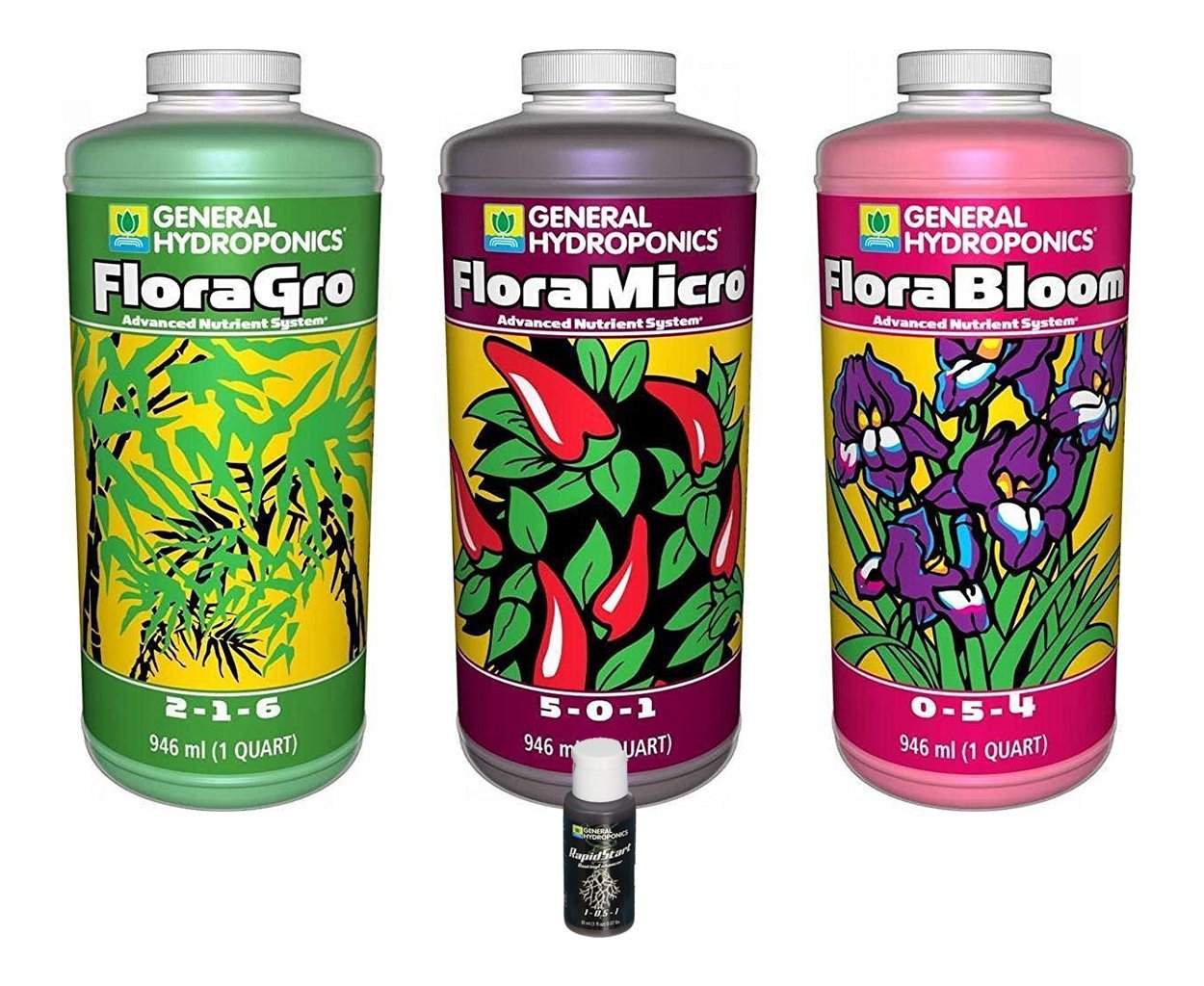 General Hydroponics FloraGro, FloraBloom, FloraMicro Combo Fertilizer Set + 1oz Rapidstart (Quarts)