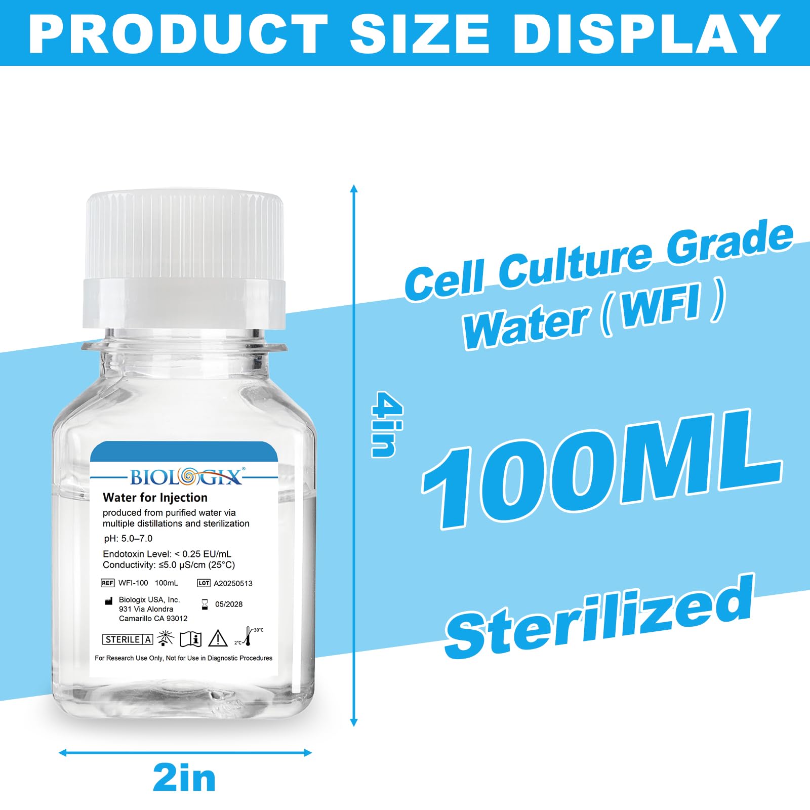 10 piezas 500 ml de agua de laboratorio WFI, agua de cultivo celular para laboratorio, agua destilada para fines bioquímicos, esterilización, pH 5.0-7.0, conductividad ≤ 5.0 μS/Cm (25 ℃) (20 unidades