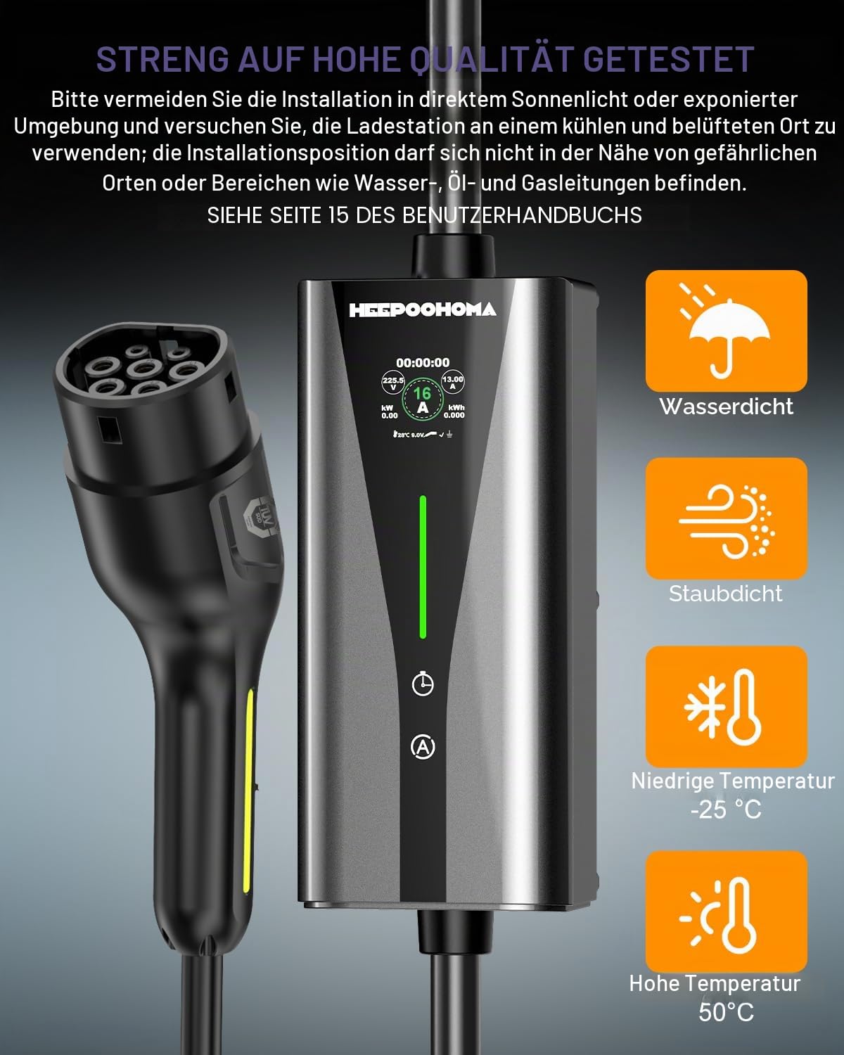 Typ 2 Ladekabel Schuko 10m 3,68kW, EV Ladegerät 6-16A einstellbar, 1-phasig Elektroauto Ladekabel mit LED-Anzeige, tragbare Ladestation IP65 für PHEV/EV