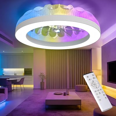 Ceiling Fans with Lights, 48CM Smart Remote Control Fan Light, 6-Speed Quiet Reversible Motor, 7 Color RGB Mode & 3000K–6500K Dimmable White Light, for Bedroom Living Room