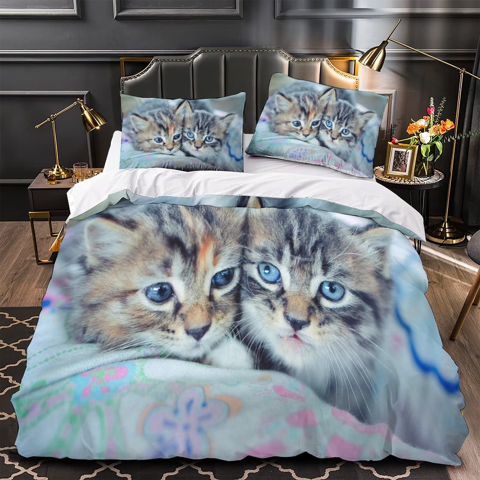 Kat 3D dekbedovertrekset, 3-delige set met kussenslopen, beddengoedset met ritssluiting, zachte microvezel dekbedovertrek voor kinderen, tieners en volwassenen, tweepersoons (200 x 200 cm