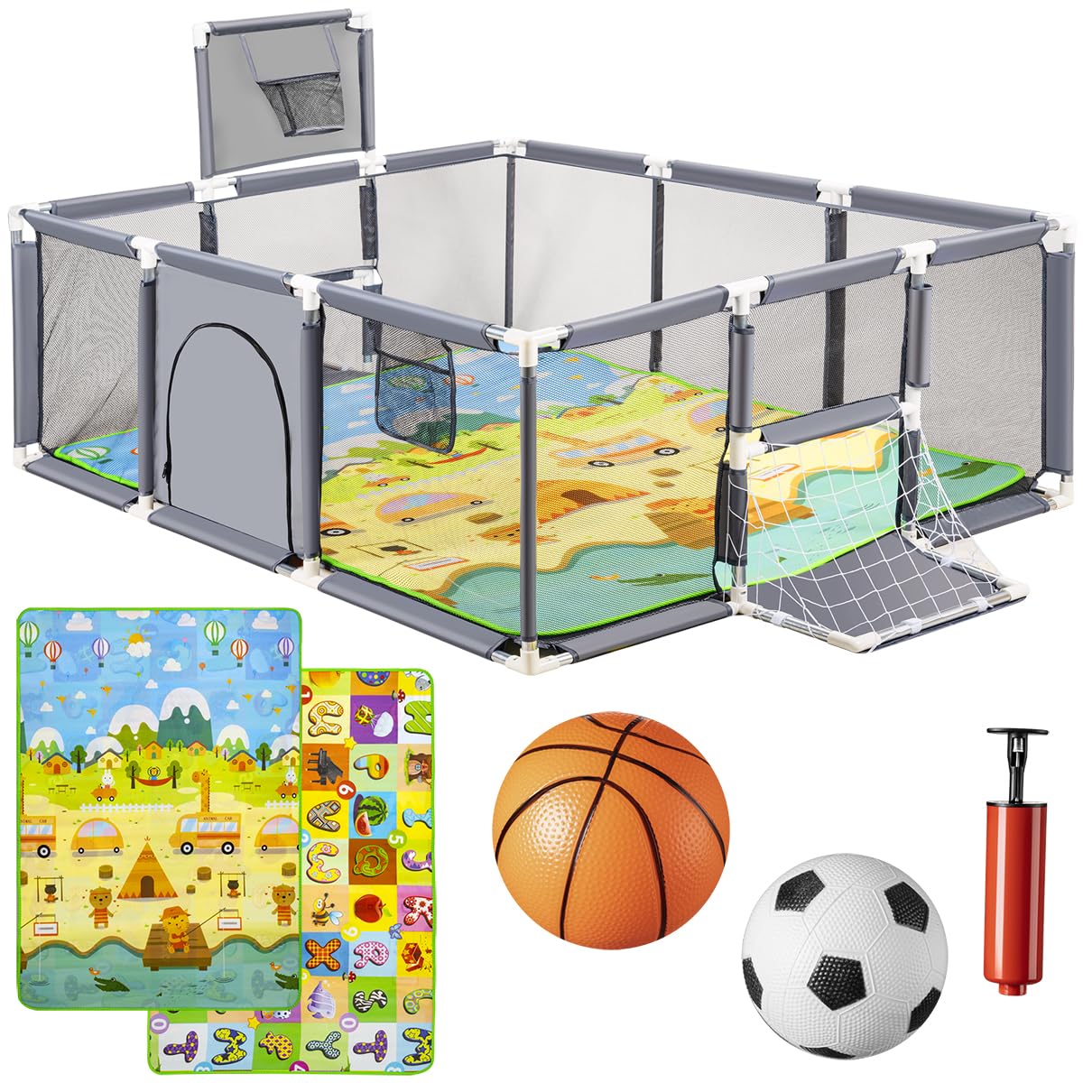 Parc pour bébé + tapis de jeu + ballon de football et basket-ball - Parc pour bébé pliable 180 x 120 x 65 cm - Parc de jeux pour bébé avec maille respirante - Gris
