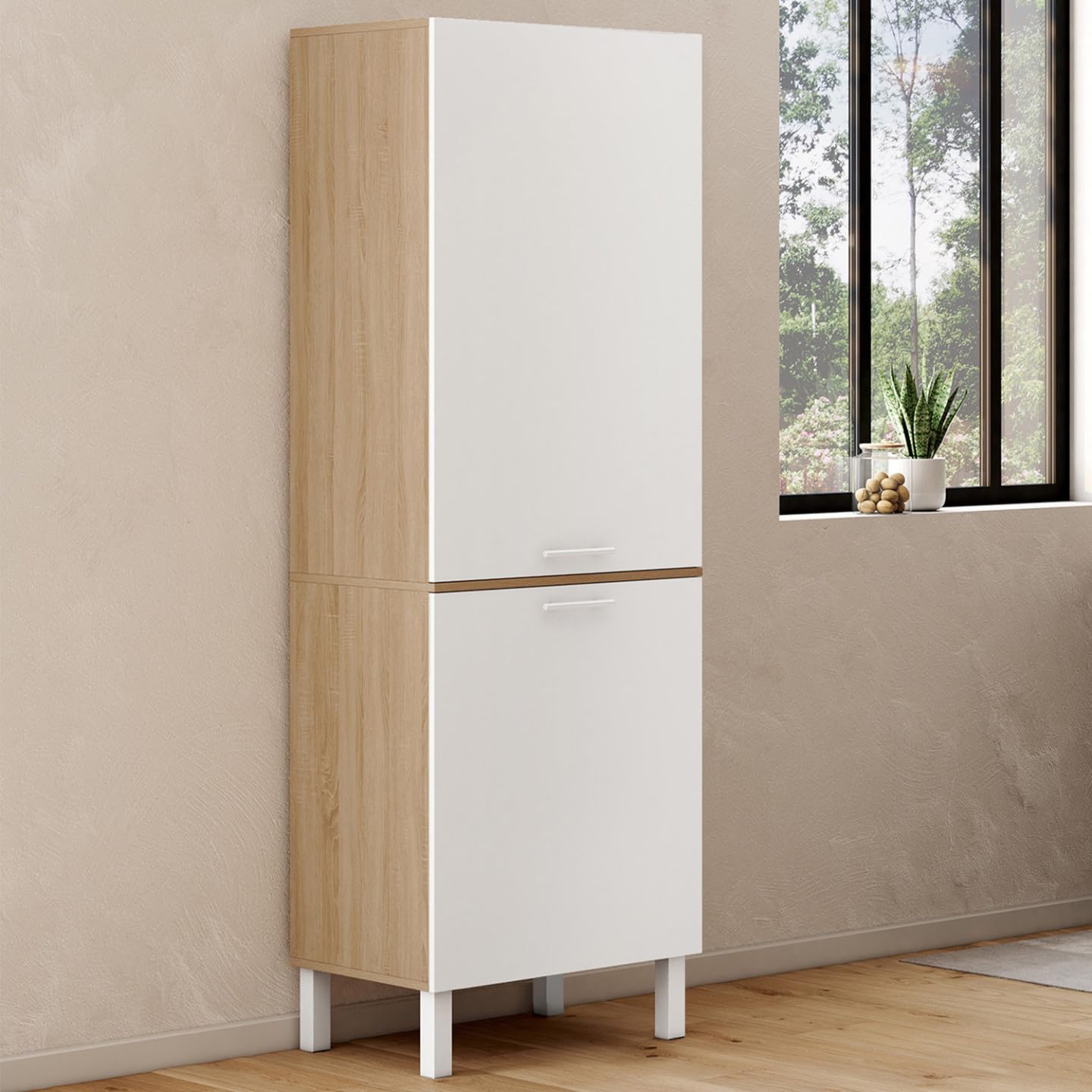 IDMarket - Colonne de Cuisine 60 cm CINA 2 Portes façon hêtre et Blanc