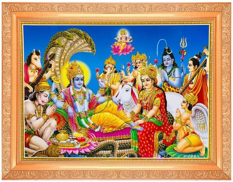 BM TRADERS Vishnu Bhagwan Lakshmi Beautiful Golden Zari Photo In ArtWork Golden Frame(11 x 14 Inch) OR (27.94 X 35.56 Cm) Housewarming Gifts