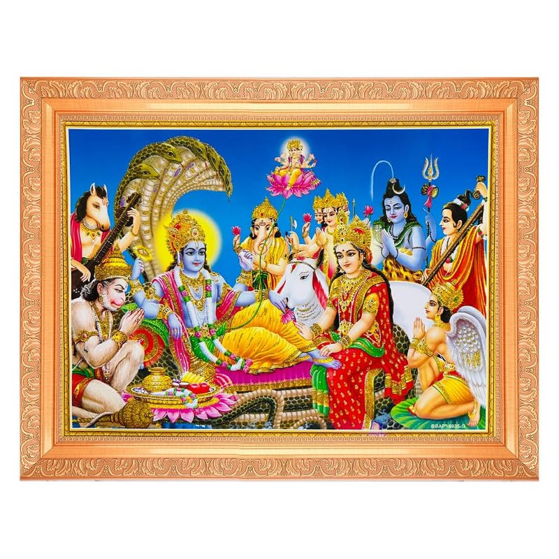 BM TRADERS Vishnu Bhagwan Lakshmi Beautiful Golden Zari Photo In ArtWork Golden Frame(11 x 14 Inch) OR (27.94 X 35.56 Cm) Housewarming Gifts