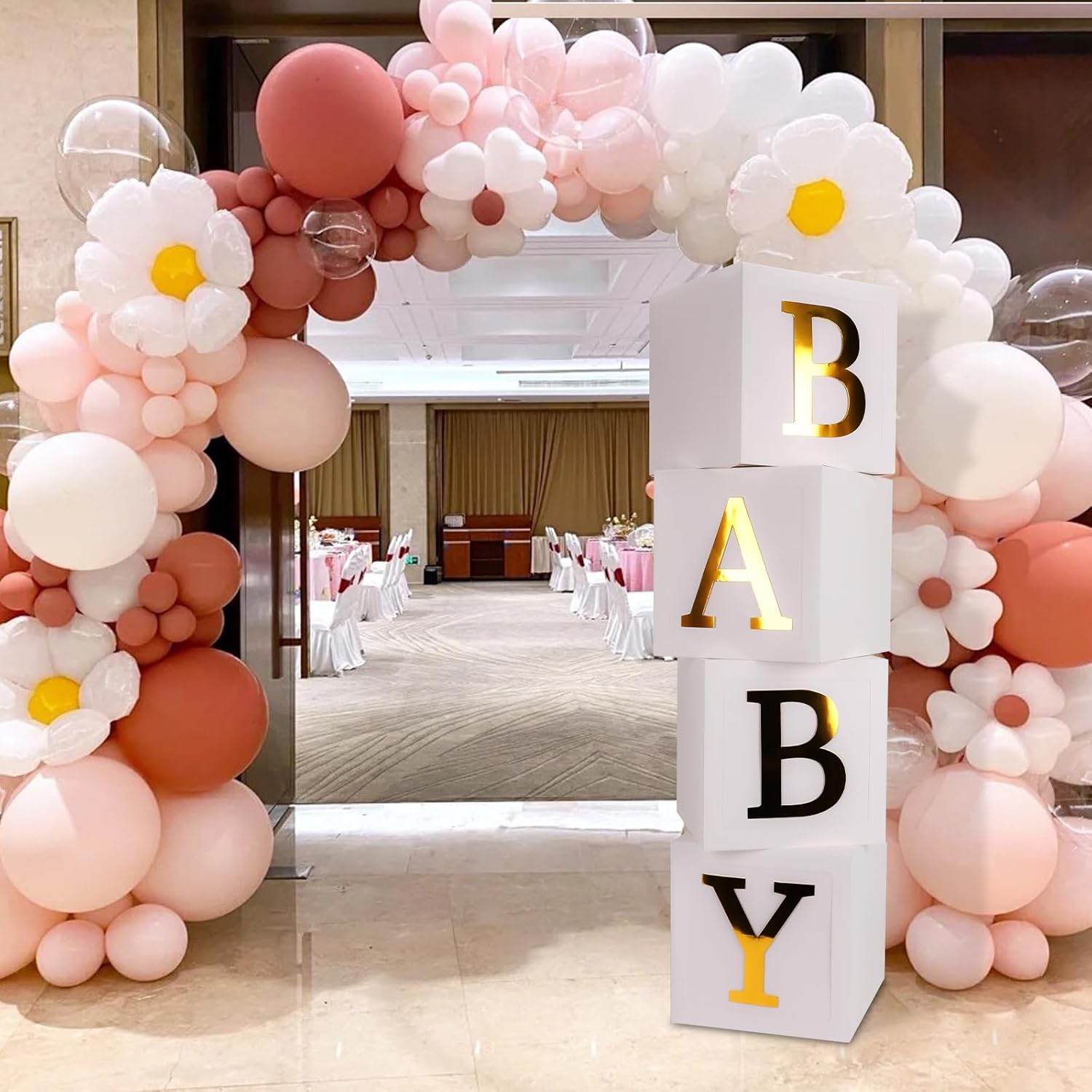 CJT Baby Shower Boxes Party Decorations - 4pcs Stereoscopic White Boxes with Gold Letters, Baby Party Boxes Baby Block for Teddy Bear Baby Shower